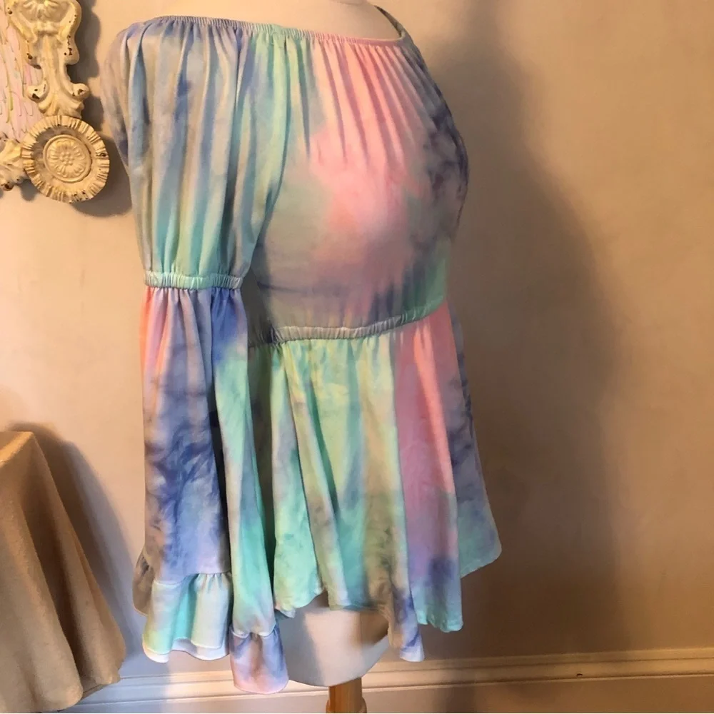 Girls tie dyed pink top w/elastic waist & upper arms w/ long ruffle bell sleeves
